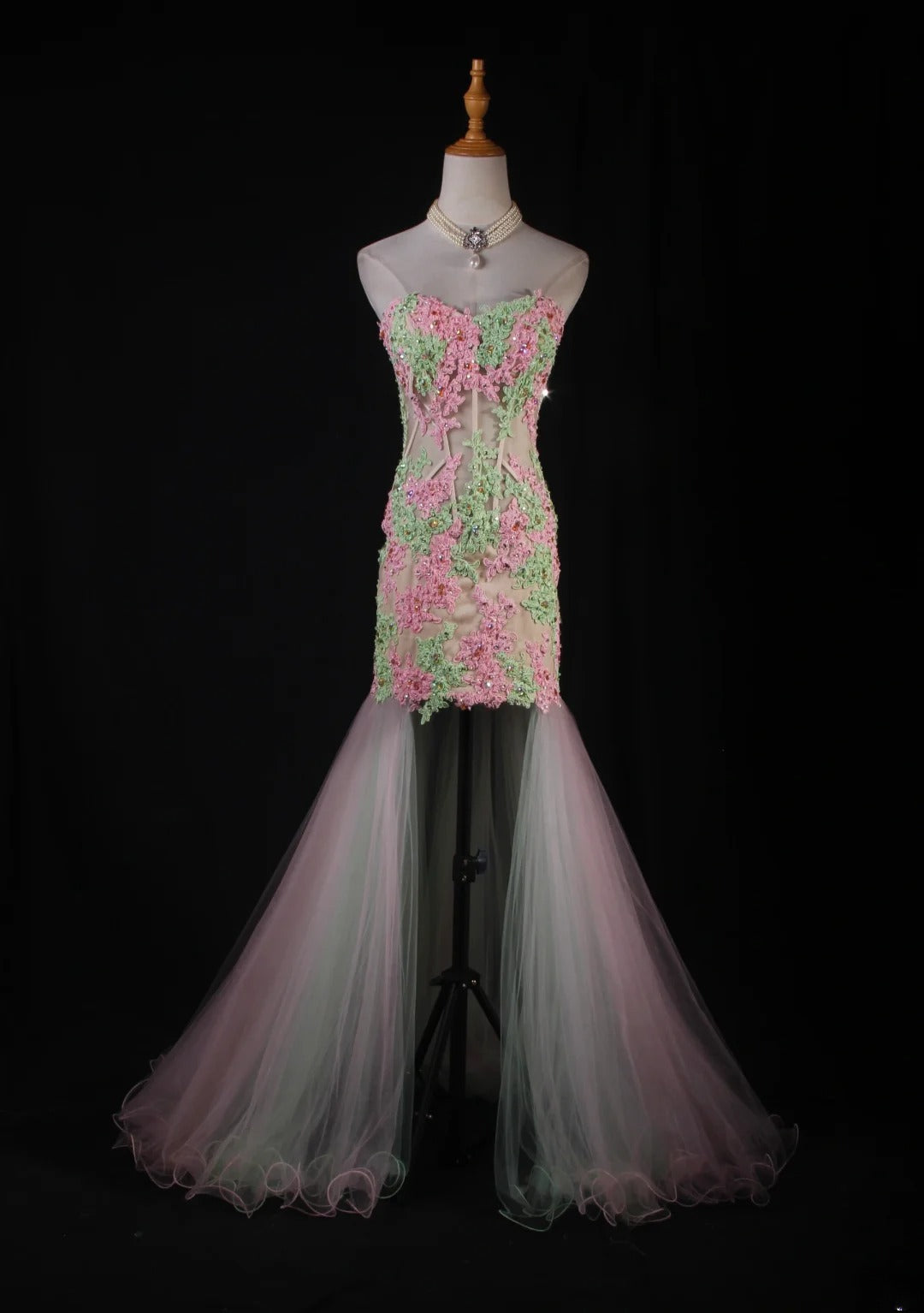 Meerjungfrauen-Kleid im Vintage-Stil der 1950er Jahre, herzförmiger Ausschnitt, Tüllrosa mit Applikationen, langes formelles Ballkleid, Abendkleid, Partykleid AS229