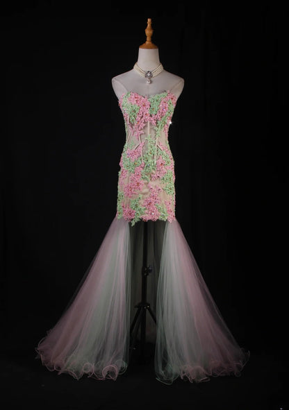 Meerjungfrauen-Kleid im Vintage-Stil der 1950er Jahre, herzförmiger Ausschnitt, Tüllrosa mit Applikationen, langes formelles Ballkleid, Abendkleid, Partykleid AS229
