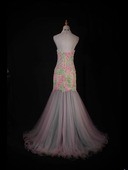 Meerjungfrauen-Kleid im Vintage-Stil der 1950er Jahre, herzförmiger Ausschnitt, Tüllrosa mit Applikationen, langes formelles Ballkleid, Abendkleid, Partykleid AS229