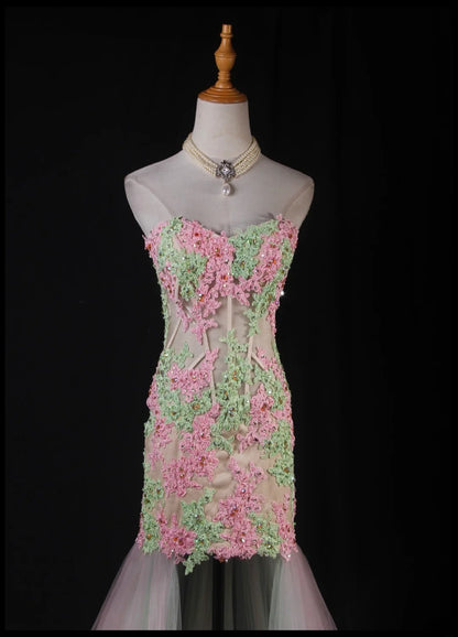 Meerjungfrauen-Kleid im Vintage-Stil der 1950er Jahre, herzförmiger Ausschnitt, Tüllrosa mit Applikationen, langes formelles Ballkleid, Abendkleid, Partykleid AS229