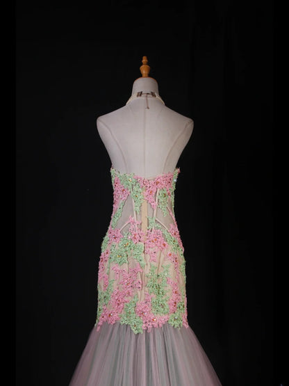 Meerjungfrauen-Kleid im Vintage-Stil der 1950er Jahre, herzförmiger Ausschnitt, Tüllrosa mit Applikationen, langes formelles Ballkleid, Abendkleid, Partykleid AS229