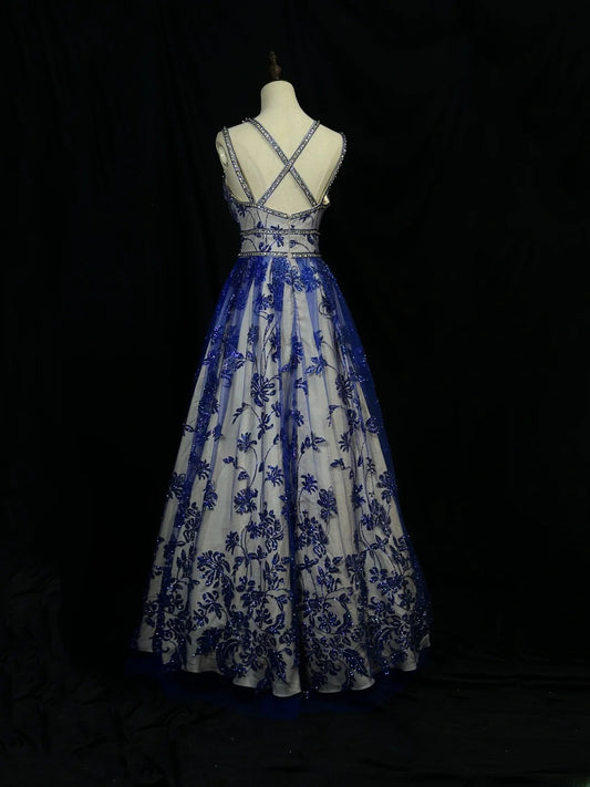 Beautiful Prom Dresses A line Spaghetti Straps Royal Blue Lace With Beading Long Formal Outfits RB6027