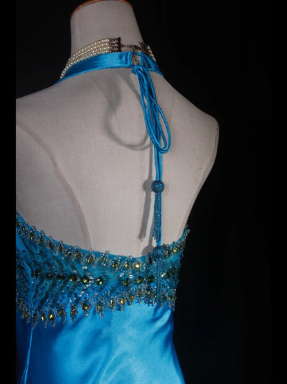 Robe de bal vintage années 1950, coupe trapèze, dos nu, satin bleu, longue, élégante, AS230