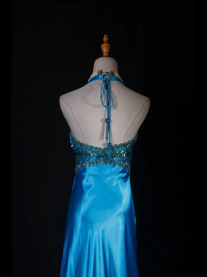 Robe de bal vintage années 1950, coupe trapèze, dos nu, satin bleu, longue, élégante, AS230