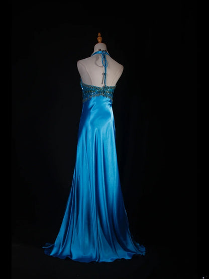 Robe de bal vintage années 1950, coupe trapèze, dos nu, satin bleu, longue, élégante, AS230