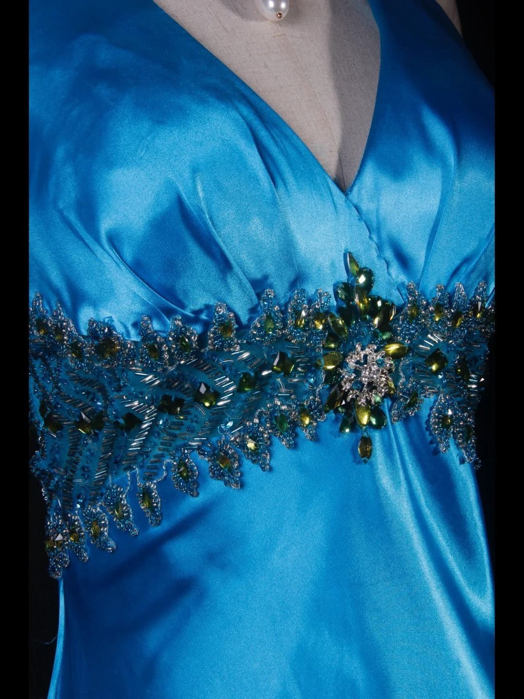Robe de bal vintage années 1950, coupe trapèze, dos nu, satin bleu, longue, élégante, AS230