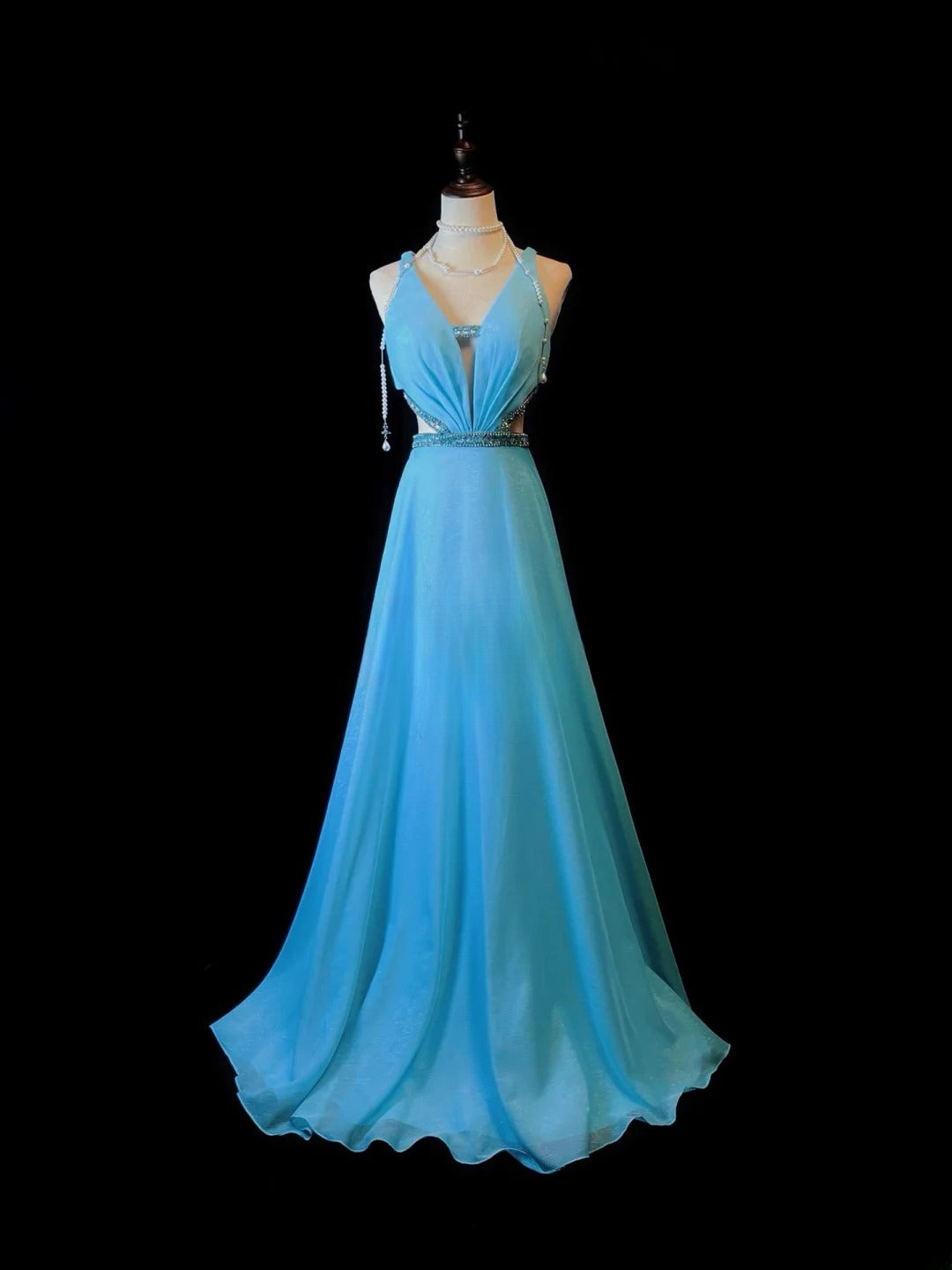 Vintage 90s Prom Dresses A Line V Neck Blue Chiffon With Beads Long Party Gown Formal Outfits RB6028