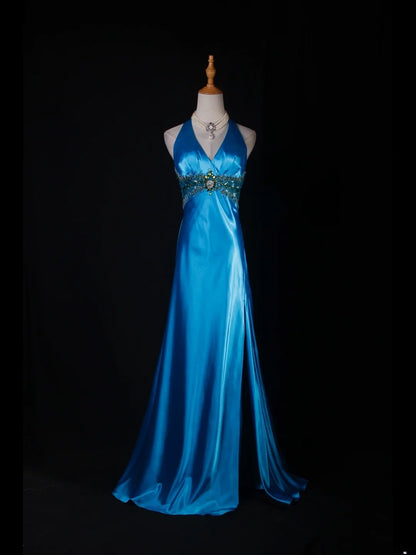 Robe de bal vintage années 1950, coupe trapèze, dos nu, satin bleu, longue, élégante, AS230