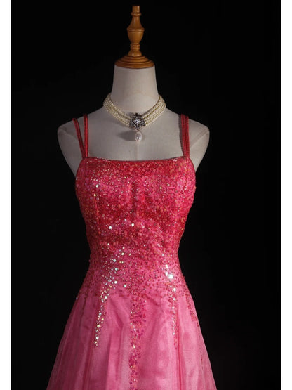 Vintage A-Linien-Kleid mit Spaghettiträgern, rosa, rückenfrei, lang, formell, im Stil der 1950er Jahre, Ballkleid, Abendkleid, Partykleid AS231
