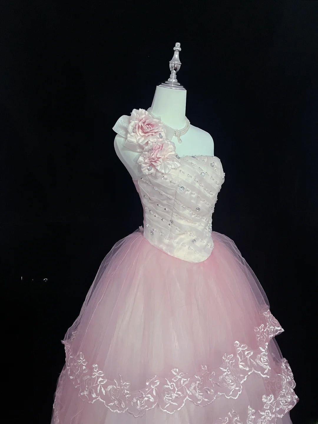 Dreamy Ball Gowns One Shoulder Pink With Tiered Layers Flowers Long Prom Dresses Senior Puffy Sweet 16 Sixteen Outfit Vestido de 15 RB7631
