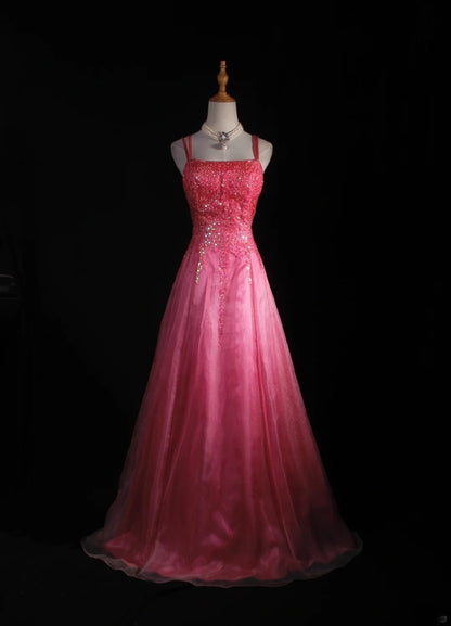 Vintage A-Linien-Kleid mit Spaghettiträgern, rosa, rückenfrei, lang, formell, im Stil der 1950er Jahre, Ballkleid, Abendkleid, Partykleid AS231