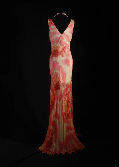 Elegantes Ballkleid im Stil der 1950er Jahre, Meerjungfrauenstil, V-Ausschnitt, florales Chiffon-Design, langes Vintage-Abendkleid AS232