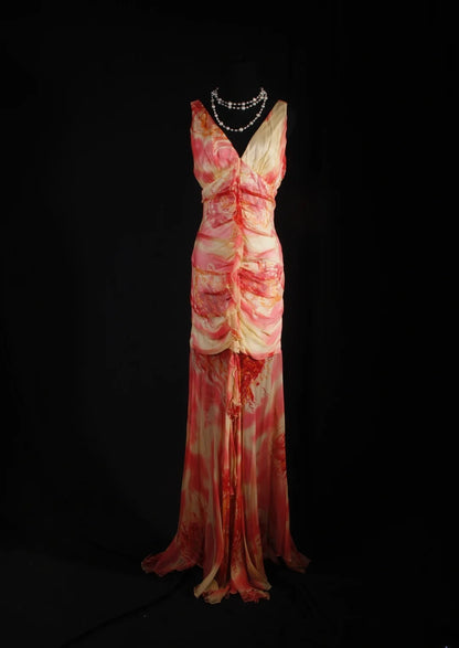 Elegantes Ballkleid im Stil der 1950er Jahre, Meerjungfrauenstil, V-Ausschnitt, florales Chiffon-Design, langes Vintage-Abendkleid AS232