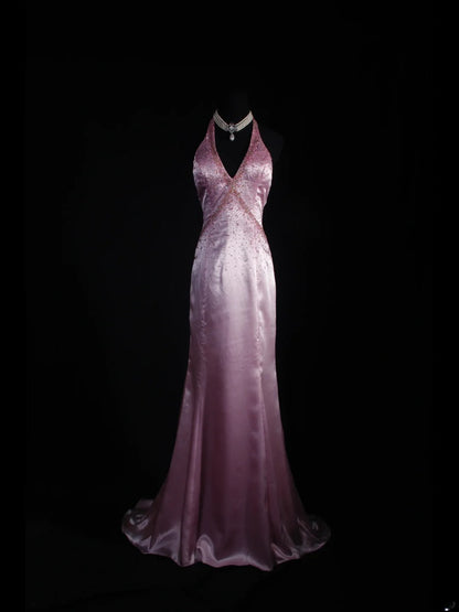 Robe de bal élégante années 1950, sirène, col en V, satin lilas, robe de soirée longue vintage AS233