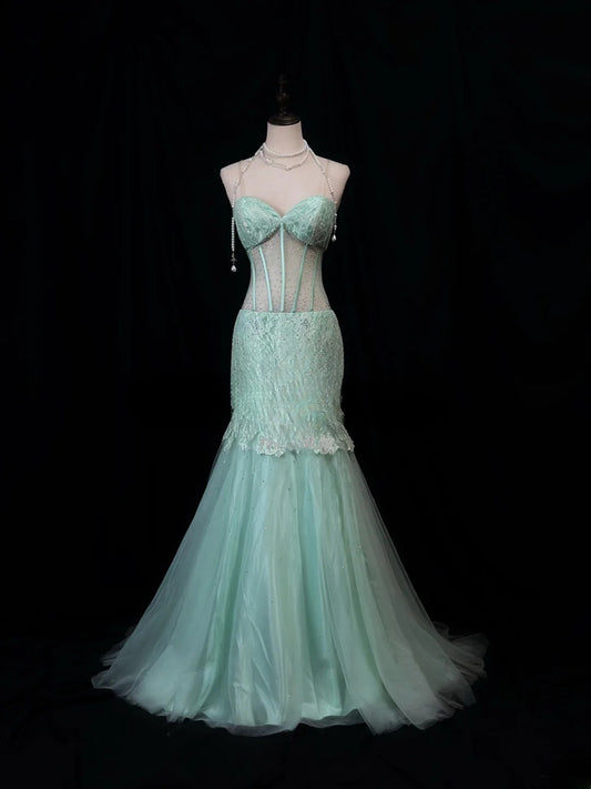 Beautiful Prom Dresses Mermaid Sweetheart Mint Green Lace With Beading Long Formal Outfits RB6033