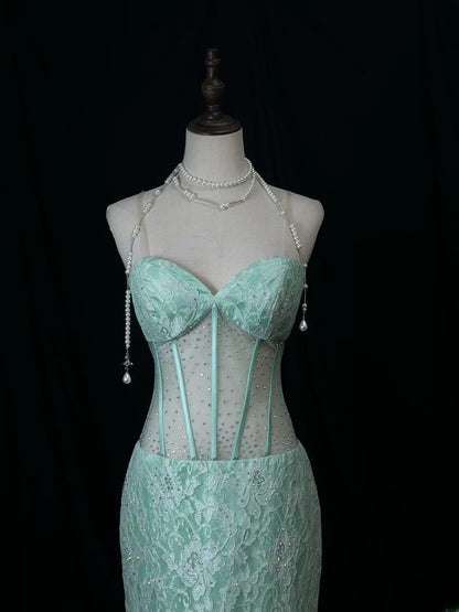 Beautiful Prom Dresses Mermaid Sweetheart Mint Green Lace With Beading Long Formal Outfits RB6033