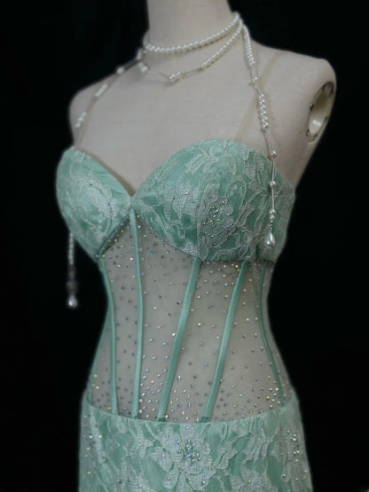 Beautiful Prom Dresses Mermaid Sweetheart Mint Green Lace With Beading Long Formal Outfits RB6033