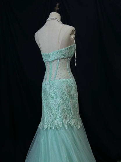 Beautiful Prom Dresses Mermaid Sweetheart Mint Green Lace With Beading Long Formal Outfits RB6033