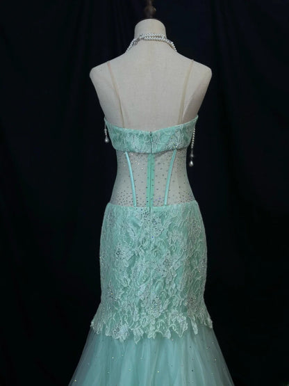 Beautiful Prom Dresses Mermaid Sweetheart Mint Green Lace With Beading Long Formal Outfits RB6033