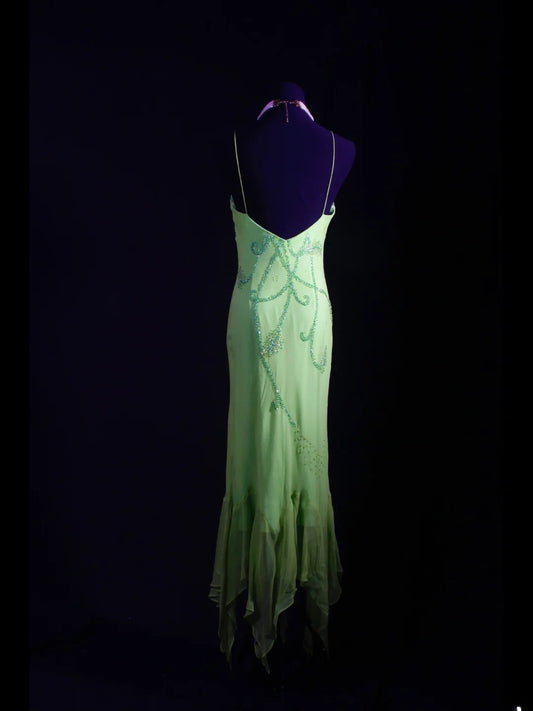 Robe de bal élégante années 1950, sirène, bretelles spaghetti, mousseline vert menthe, perles, longue, robe de soirée AS236