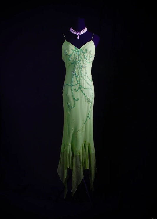 Robe de bal élégante années 1950, sirène, bretelles spaghetti, mousseline vert menthe, perles, longue, robe de soirée AS236