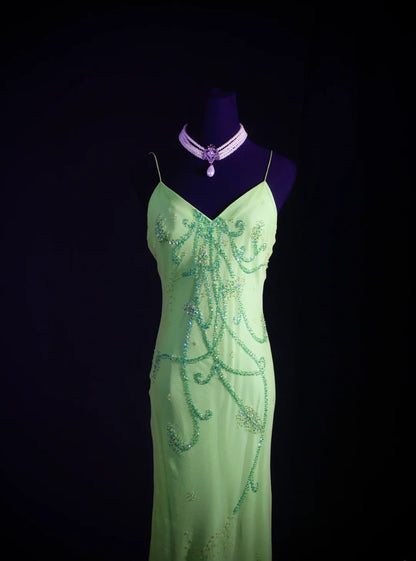 Classy Prom Dresses 1950s Mermaid Spaghetti Straps Chiffon Mint Green Beaded Long Parties Gowns Evening Dress AS236