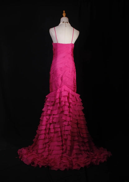 Robe de bal élégante années 50, sirène, bretelles spaghetti, mousseline rose fuchsia, à volants et perles, robe de soirée longue AS237