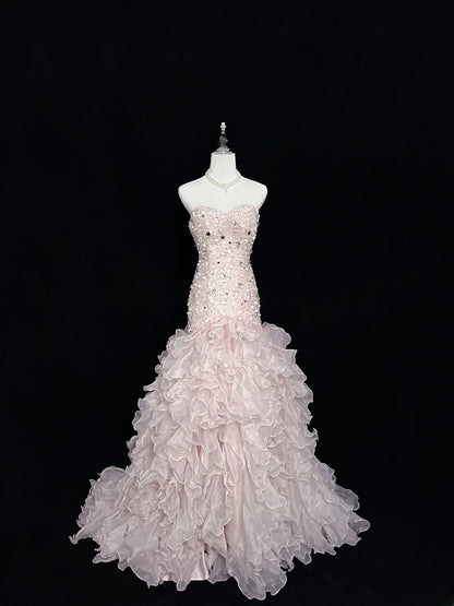 Beautiful Mermaid Sweetheart Light Pink With Tiered Layers Long Prom Dress Formal Outfits Evening Night Dresses RB7637