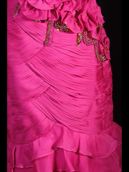 Robe de bal élégante années 50, sirène, bretelles spaghetti, mousseline rose fuchsia, à volants et perles, robe de soirée longue AS237