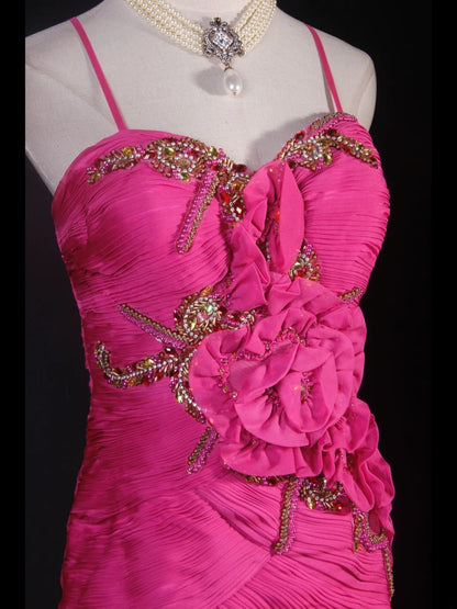 Robe de bal élégante années 50, sirène, bretelles spaghetti, mousseline rose fuchsia, à volants et perles, robe de soirée longue AS237