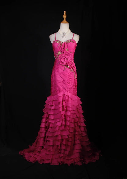 Robe de bal élégante années 50, sirène, bretelles spaghetti, mousseline rose fuchsia, à volants et perles, robe de soirée longue AS237
