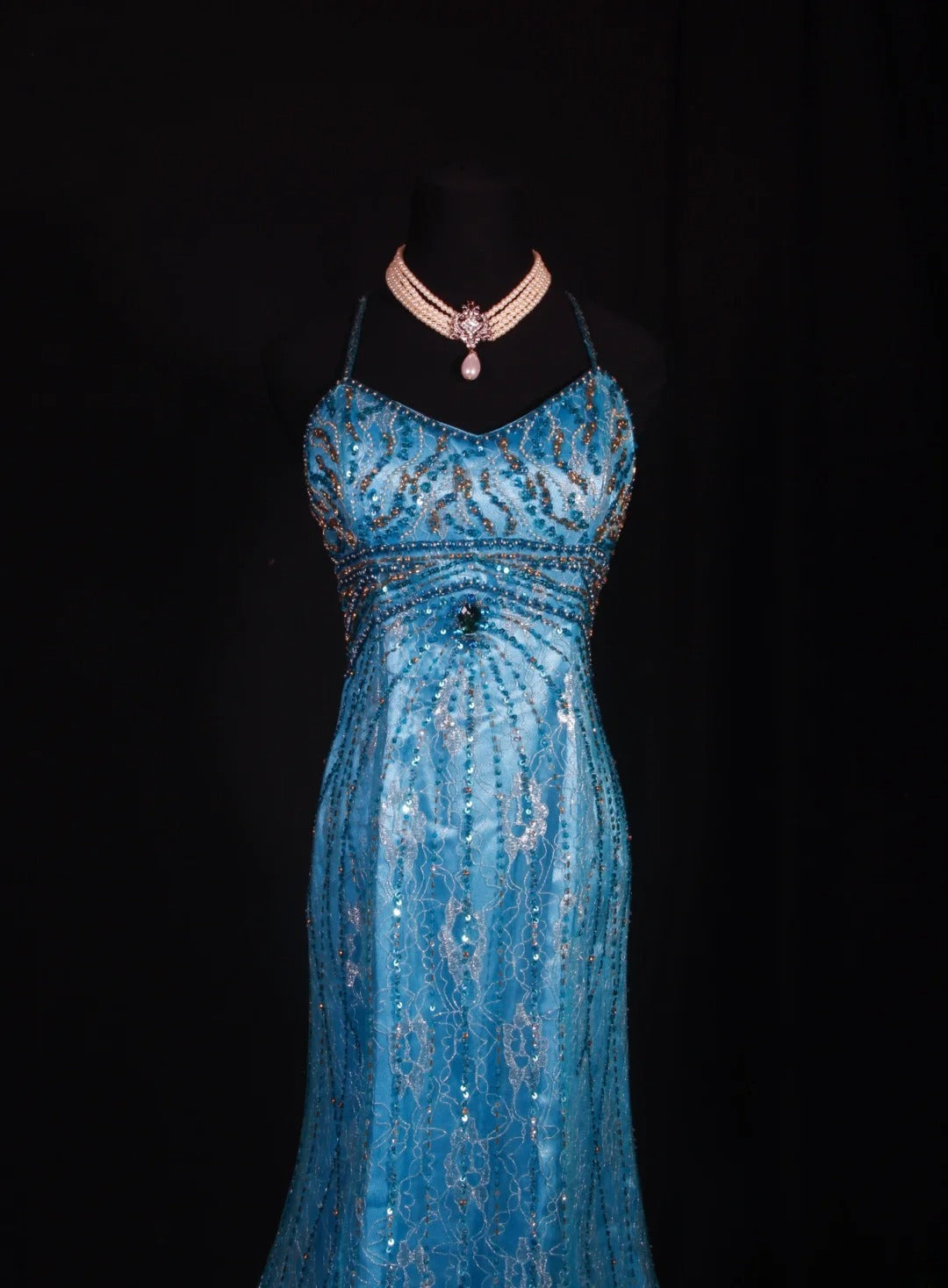 Elegantes Ballkleid im Stil der 1950er Jahre, Meerjungfrauenstil, Spaghettiträger, blauer Tüll, perlenbesetzt, langes Partykleid, Abendkleid AS238