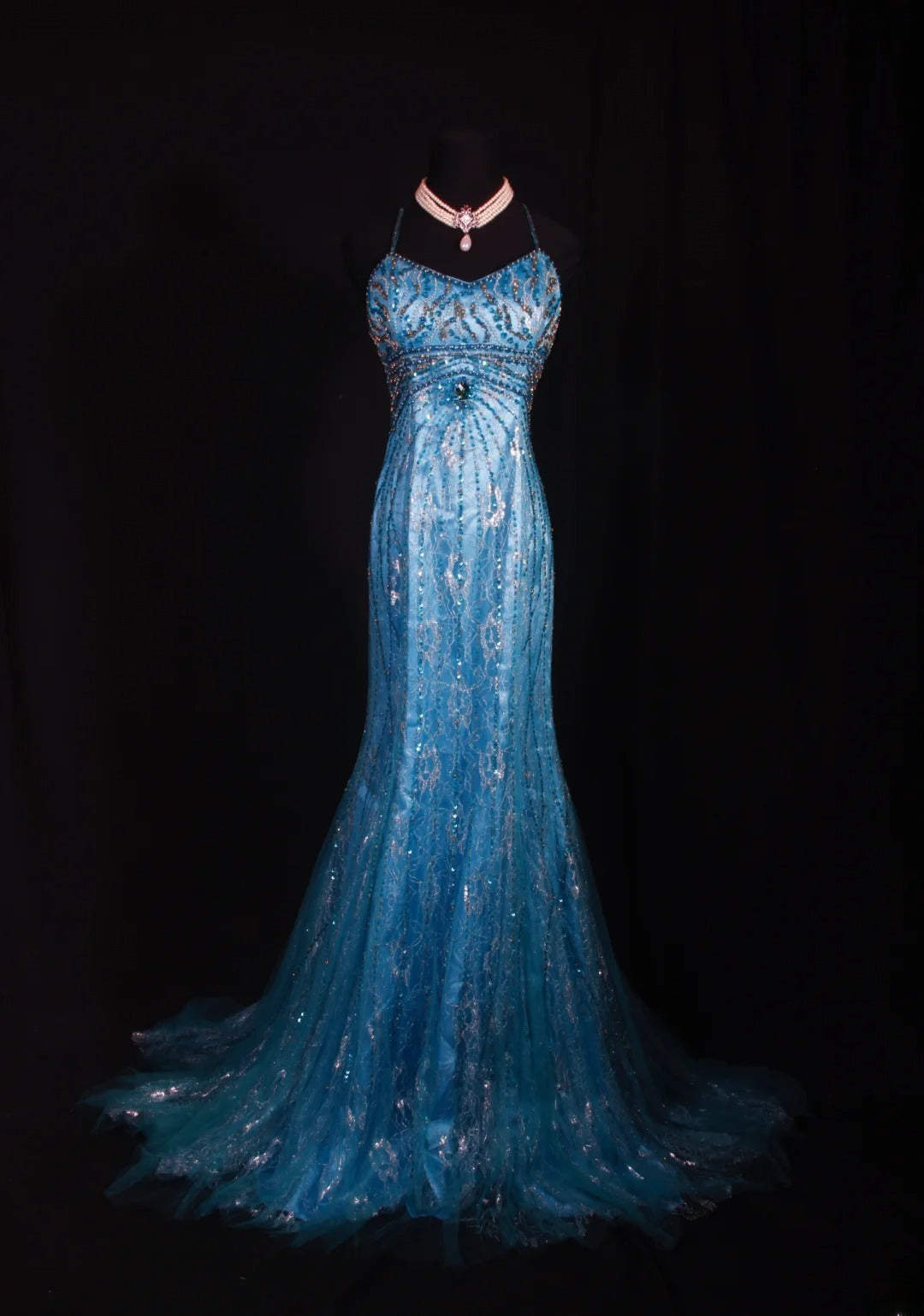 Elegantes Ballkleid im Stil der 1950er Jahre, Meerjungfrauenstil, Spaghettiträger, blauer Tüll, perlenbesetzt, langes Partykleid, Abendkleid AS238