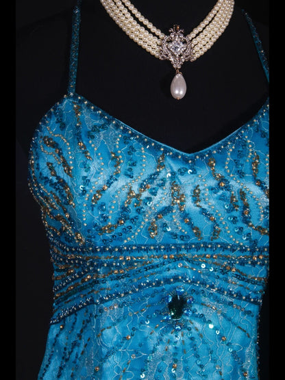 Elegantes Ballkleid im Stil der 1950er Jahre, Meerjungfrauenstil, Spaghettiträger, blauer Tüll, perlenbesetzt, langes Partykleid, Abendkleid AS238