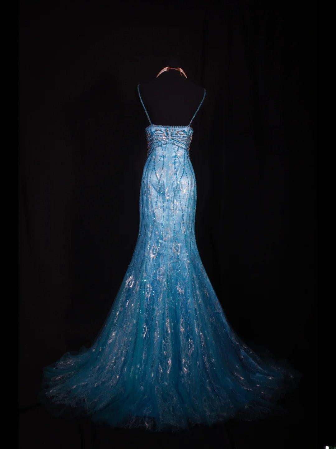 Elegantes Ballkleid im Stil der 1950er Jahre, Meerjungfrauenstil, Spaghettiträger, blauer Tüll, perlenbesetzt, langes Partykleid, Abendkleid AS238