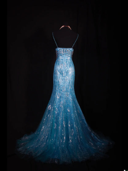 Elegantes Ballkleid im Stil der 1950er Jahre, Meerjungfrauenstil, Spaghettiträger, blauer Tüll, perlenbesetzt, langes Partykleid, Abendkleid AS238
