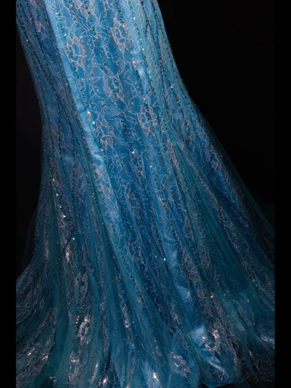 Elegantes Ballkleid im Stil der 1950er Jahre, Meerjungfrauenstil, Spaghettiträger, blauer Tüll, perlenbesetzt, langes Partykleid, Abendkleid AS238
