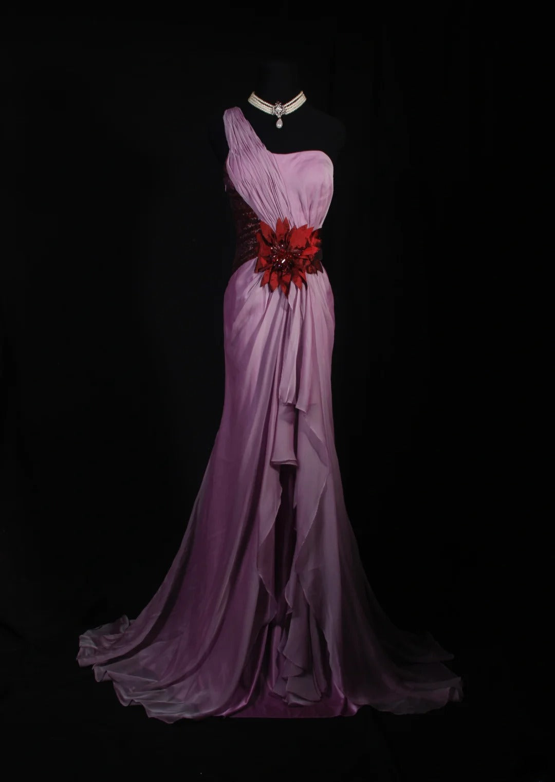 Vintage Meerjungfrauen-Kleid aus lilafarbenem Chiffon mit One-Shoulder-Schulter, langes, formelles Abendkleid im Stil der 1950er Jahre, AS239