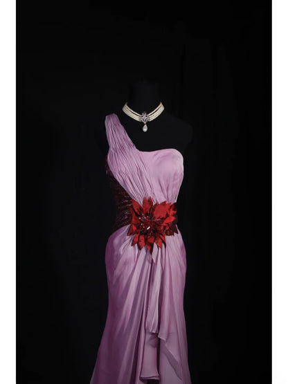 Vintage Meerjungfrauen-Kleid aus lilafarbenem Chiffon mit One-Shoulder-Schulter, langes, formelles Abendkleid im Stil der 1950er Jahre, AS239
