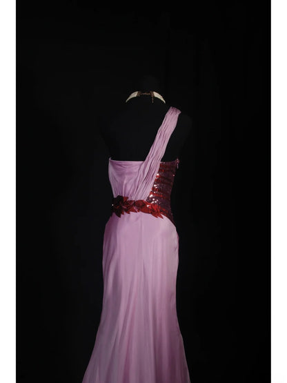 Vintage Meerjungfrauen-Kleid aus lilafarbenem Chiffon mit One-Shoulder-Schulter, langes, formelles Abendkleid im Stil der 1950er Jahre, AS239