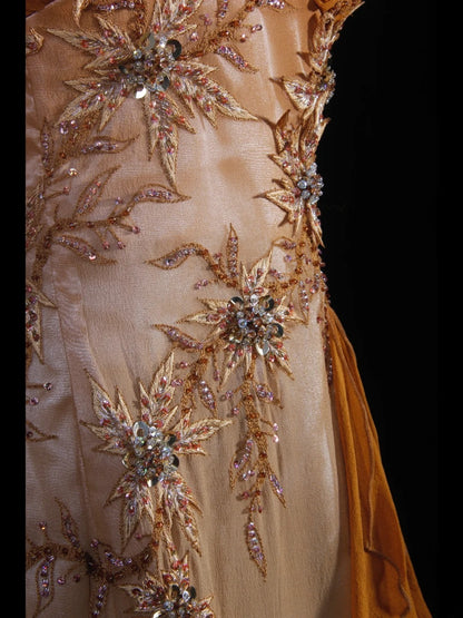 Elegantes Ballkleid im Stil der 1950er Jahre, Meerjungfrauen-Stil, Neckholder, Chiffon, mit Perlenbesatz, langes Partykleid, Abendkleid AS240