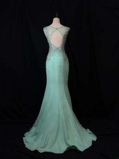 Beautiful Prom Dresses Mermaid Scoop Neck Blue With Open Backs Appliqued Long Formal Outfits RB6093