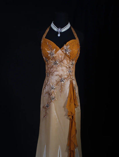 Elegantes Ballkleid im Stil der 1950er Jahre, Meerjungfrauen-Stil, Neckholder, Chiffon, mit Perlenbesatz, langes Partykleid, Abendkleid AS240