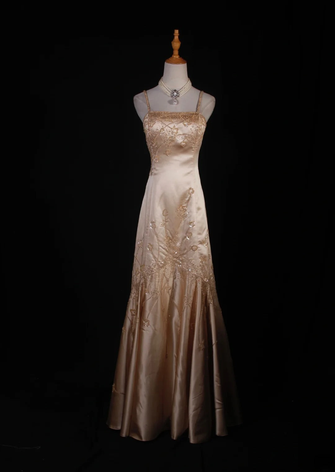 Elegantes Ballkleid im Stil der 1950er Jahre, Meerjungfrauen-Schnitt, Spaghettiträger, Champagnerfarben, mit Perlenbesatz, langes Partykleid, Abendkleid AS241