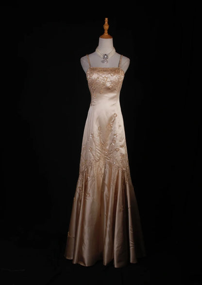 Elegantes Ballkleid im Stil der 1950er Jahre, Meerjungfrauen-Schnitt, Spaghettiträger, Champagnerfarben, mit Perlenbesatz, langes Partykleid, Abendkleid AS241