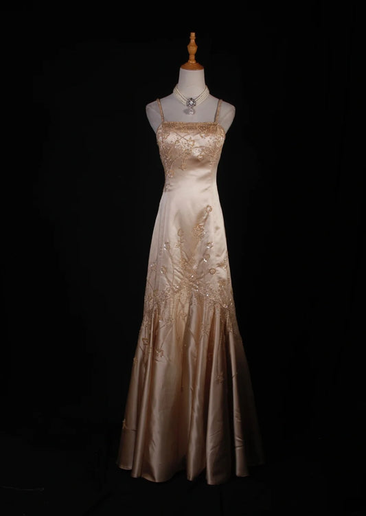 Robe de bal élégante années 1950, sirène, bretelles spaghetti, champagne, longue robe de soirée ornée de perles AS241