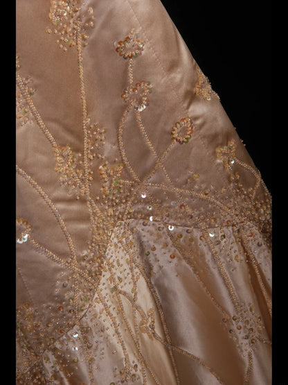 Elegantes Ballkleid im Stil der 1950er Jahre, Meerjungfrauen-Schnitt, Spaghettiträger, Champagnerfarben, mit Perlenbesatz, langes Partykleid, Abendkleid AS241
