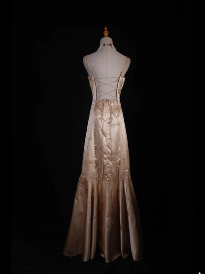 Elegantes Ballkleid im Stil der 1950er Jahre, Meerjungfrauen-Schnitt, Spaghettiträger, Champagnerfarben, mit Perlenbesatz, langes Partykleid, Abendkleid AS241