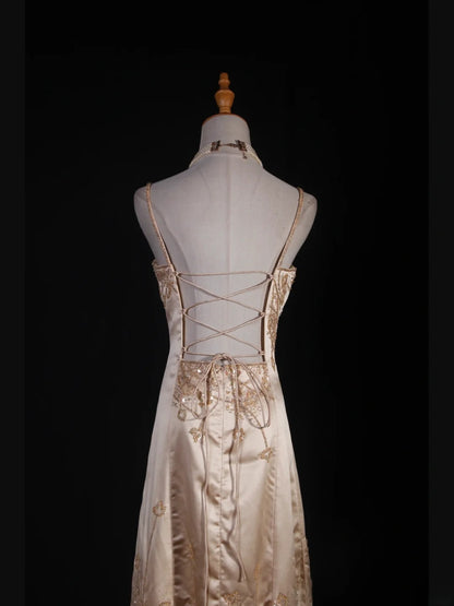 Elegantes Ballkleid im Stil der 1950er Jahre, Meerjungfrauen-Schnitt, Spaghettiträger, Champagnerfarben, mit Perlenbesatz, langes Partykleid, Abendkleid AS241