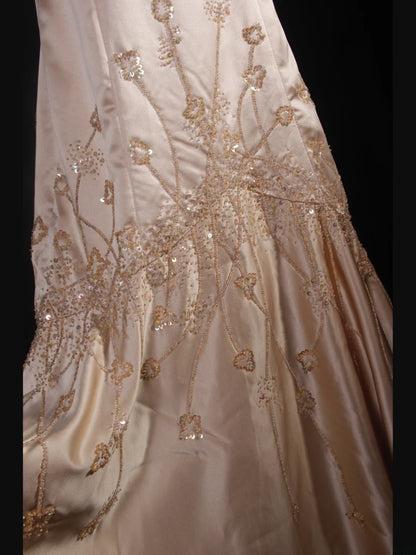 Elegantes Ballkleid im Stil der 1950er Jahre, Meerjungfrauen-Schnitt, Spaghettiträger, Champagnerfarben, mit Perlenbesatz, langes Partykleid, Abendkleid AS241
